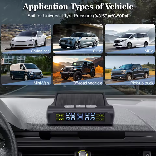 Solar-Powered TPMS with 4-Wheel Internal-External Sensors Real-Time Monitoring