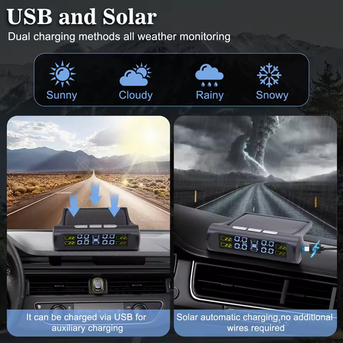 Solar-Powered TPMS with 4-Wheel Internal-External Sensors Real-Time Monitoring