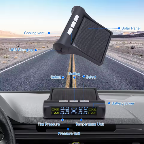 Solar-Powered TPMS with 4-Wheel Internal-External Sensors Real-Time Monitoring