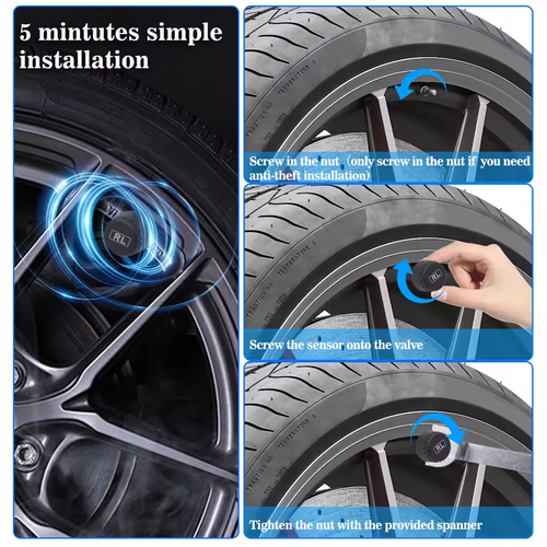 Solar-Powered TPMS with 4-Wheel Internal-External Sensors Real-Time Monitoring