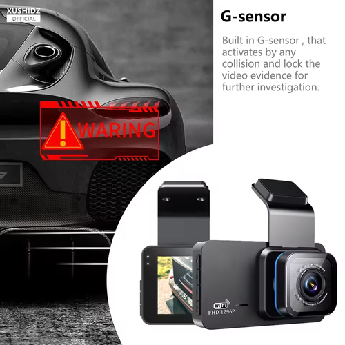 3-Channel 2K WIFI Dash Cam with 24H Parking Motion Detection Night Vision 4-Way Recording