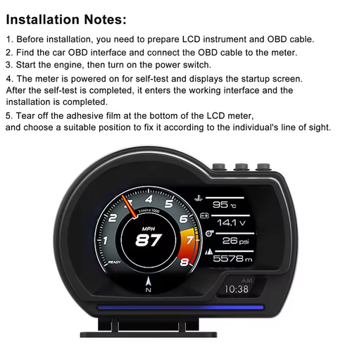 OBD2+GPS Digital Head-Up Display with Speed Warning Turbo RPM Alarm Night Vision