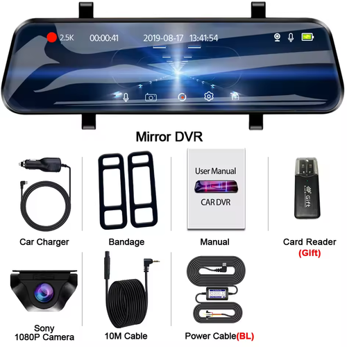 2.5K Mirror Dashcam with 1440P GPS 24H Parking WiFi Recording Black Box