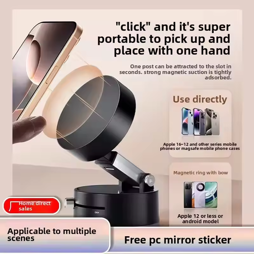 Vacuum Magnetic Folding Phone Stand Double Suction Cups 360° Rotation for Glass-Tile-Metal