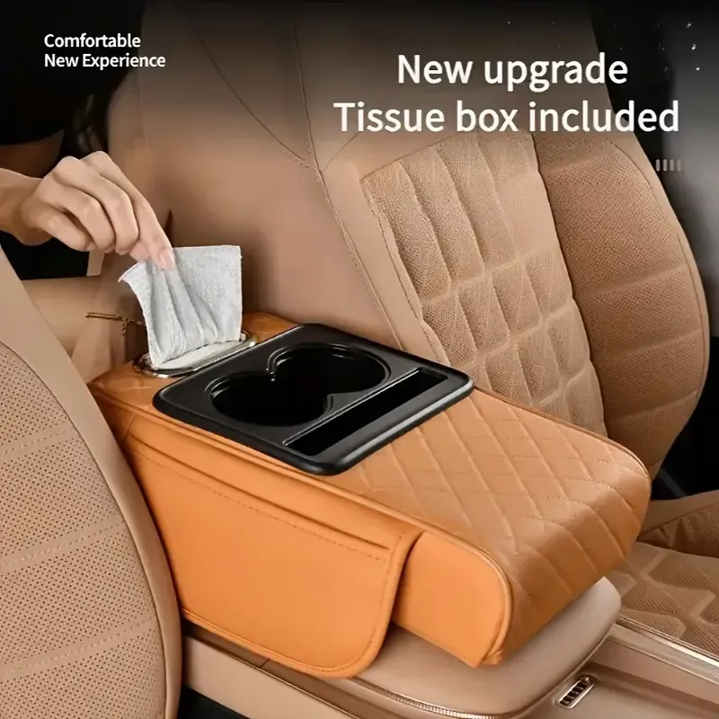 4-in-1 Car Armrest Pad | 7.5cm Thick Memory Foam | Tissue Cup Holder + Storage Pouch | Elbow Support