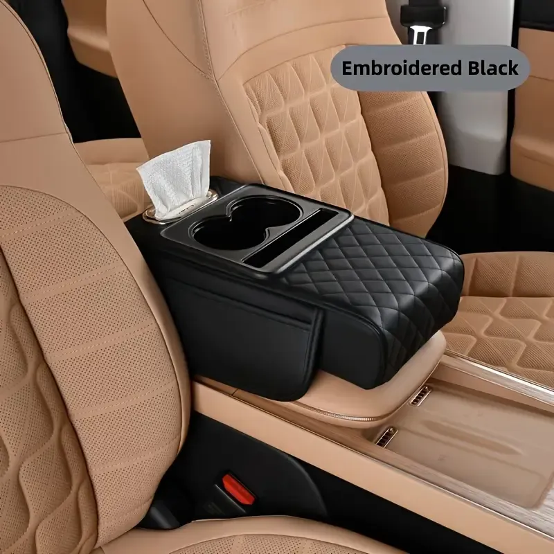 4-in-1 Car Armrest Pad | 7.5cm Thick Memory Foam | Tissue Cup Holder + Storage Pouch | Elbow Support
