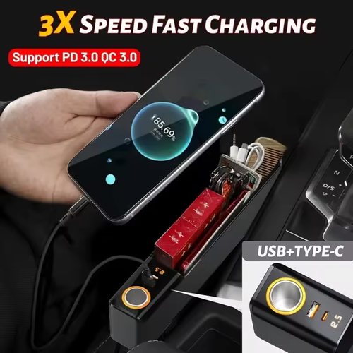 52W Car Seat Gap Filler Organizer with Removable Charging Base Phone Storage Box