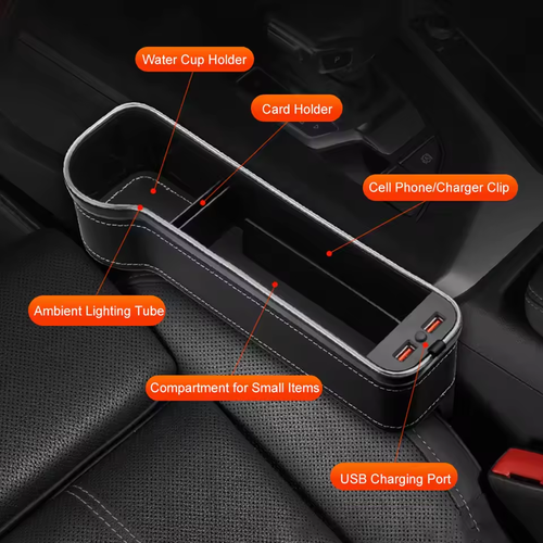 Car Crevice Storage Box Dual USB Charger LED Light Seat Gap Organizer for Phone Bottles Cards​（Buy one, get one free）