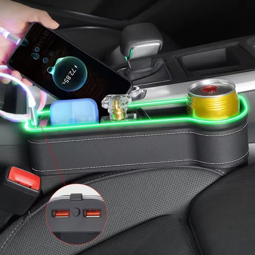 Car Crevice Storage Box Dual USB Charger LED Light Seat Gap Organizer for Phone Bottles Cards​（Buy one, get one free）