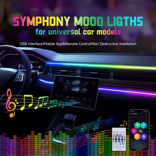 APP Remote 64-Color RGB Car LED Ambient Light 110cm Hidden Acrylic Strips