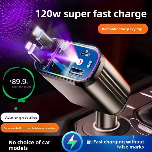 120W 4-in-1 PD QC3.0 Car Charger with Purple Starry Cigar Lighter for iPhone15-14