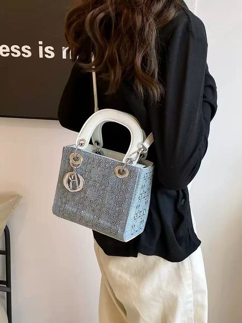 2025 New Denim Blue Fashion Sequined Crossbody Bag Women's Rhinestone Handbag Square Handheld Style Diana Bag