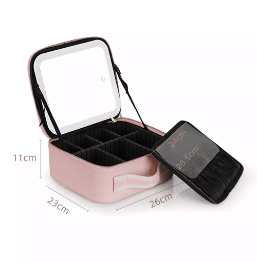 Make-up Bag with Mirror PU Leather Waterproof Cosmetic Case Toiletry Bag Makeup Bag with Brush Organiser Removable Dividers