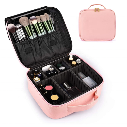 Make-up Bag with Mirror PU Leather Waterproof Cosmetic Case Toiletry Bag Makeup Bag with Brush Organiser Removable Dividers
