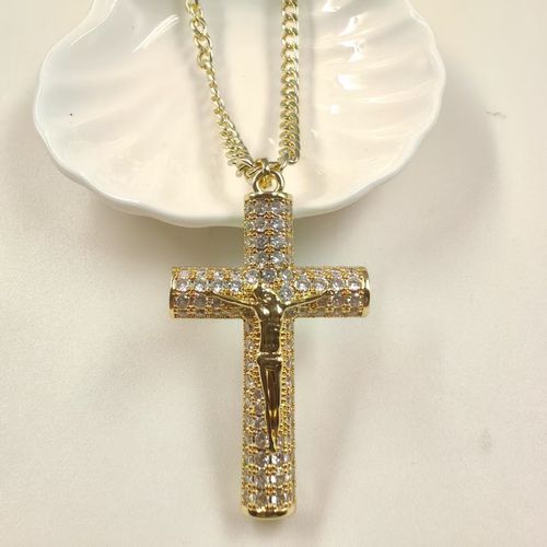 New Men's Retro Jesus Cross Pendant Full Diamond Trendy Hip-hop Style Copper Inlaid Zircon Face-shaped Chain Stylish Rap Jewelry