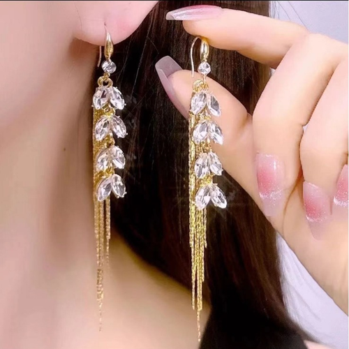 Super Shiny Long Tassel Earrings Korean Elegant Temperament Rhinestone Drop Earrings