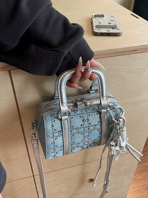 2025 Viral Vintage Denim Boston Bag - Crystal Accented K-Fashion Crossbody, Luxe Niche-Design Goes with Everything