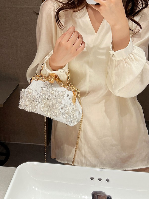 2025New Pearl Embroidered Handheld Banquet Handbag with Open Closure and Chain Decoration Durable Feature