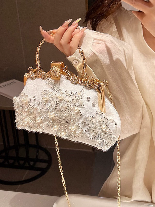 2025New Pearl Embroidered Handheld Banquet Handbag with Open Closure and Chain Decoration Durable Feature