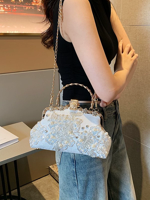 2025New Pearl Embroidered Handheld Banquet Handbag with Open Closure and Chain Decoration Durable Feature