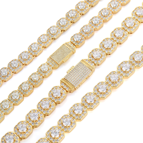 Nuoya 10mm Gold Plated Clustered Tennis Chain Necklace Iced Out Baguette Cubic Zircon Choker Necklaces
