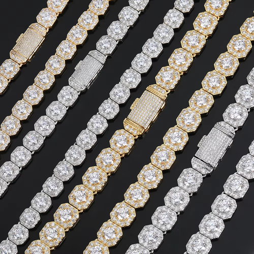 Nuoya 10mm Gold Plated Clustered Tennis Chain Necklace Iced Out Baguette Cubic Zircon Choker Necklaces