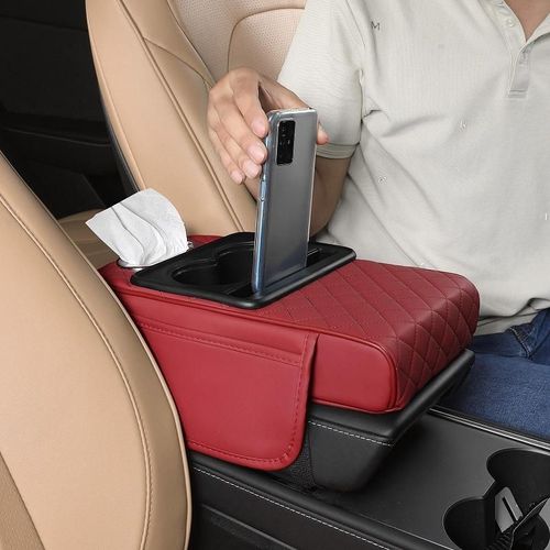 Multifunctional Leather Car Armrest Box Mat with Central Elbow Heightening Pad, Storage Box Cup Holder, Car Tissue Box, Auto Interior Accessories