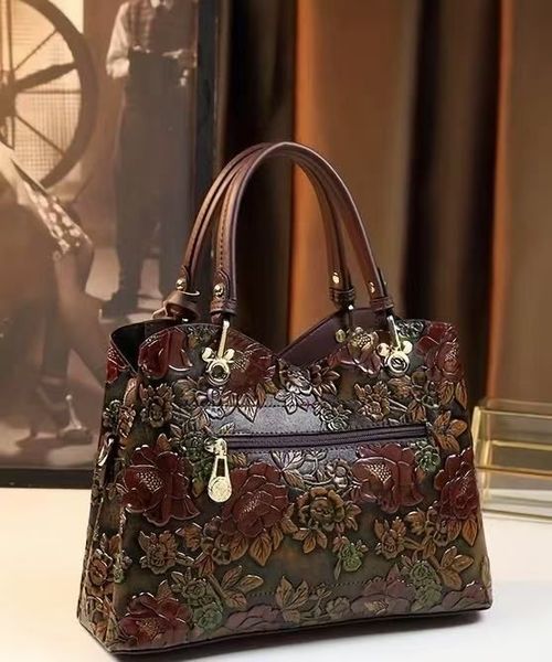 Vintage Flower Pattern Handbag, Luxury PU Leather Tote Bag, Fashion Crossbody Bag for Women（ Delivery in 3 days ）