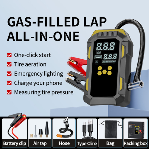 Vehicle air pump, starter, emergency battery starter, emergency power supply, tire inflator