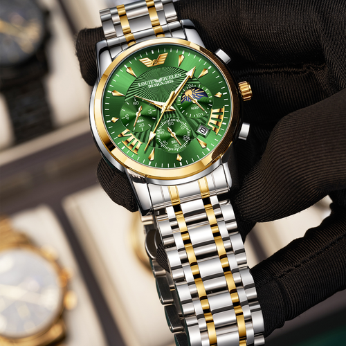 Louis Jourdan New Men's Multifunctional Three-Dial Six-Hand Day-Date Moon Phase Quartz Watch