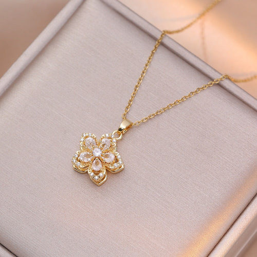 Rotating Bauhinia Zircon Flower Niche Light Luxury New Design Pendant Titanium Steel Necklace
