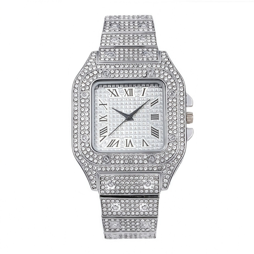 Men's Hip-hop Cuban Link Chain Watch Set: Hip-hop style large chain and large dial Roman numeral diamond-encrusted men's quartz watch.