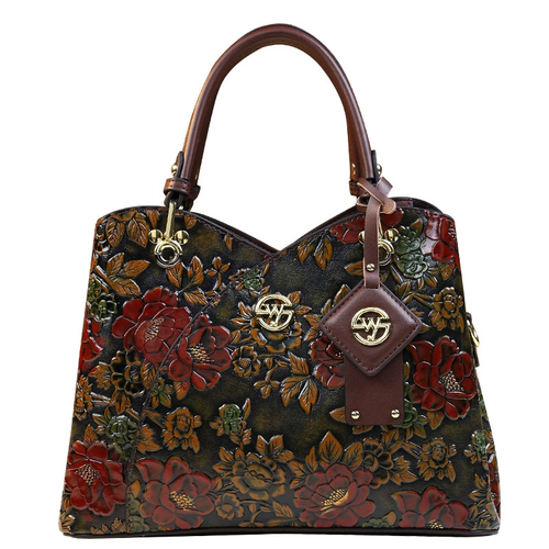 Vintage Flower Pattern Handbag, Luxury PU Leather Tote Bag, Fashion Crossbody Bag for Women