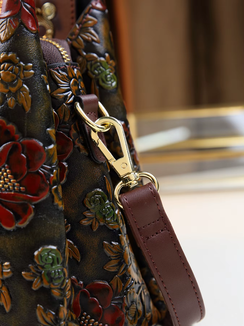 Vintage Flower Pattern Handbag, Luxury PU Leather Tote Bag, Fashion Crossbody Bag for Women