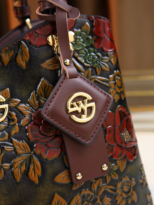 Vintage Flower Pattern Handbag, Luxury PU Leather Tote Bag, Fashion Crossbody Bag for Women