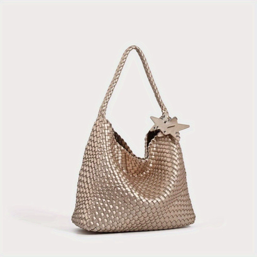 Champagne-colored 2026 super popular woven tote bag for women, large capacity, high-end handbag, shoulder bag, bucket bag.
