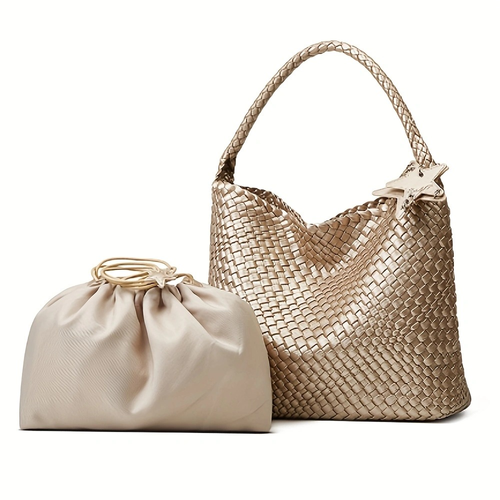 Champagne-colored 2026 super popular woven tote bag for women, large capacity, high-end handbag, shoulder bag, bucket bag.