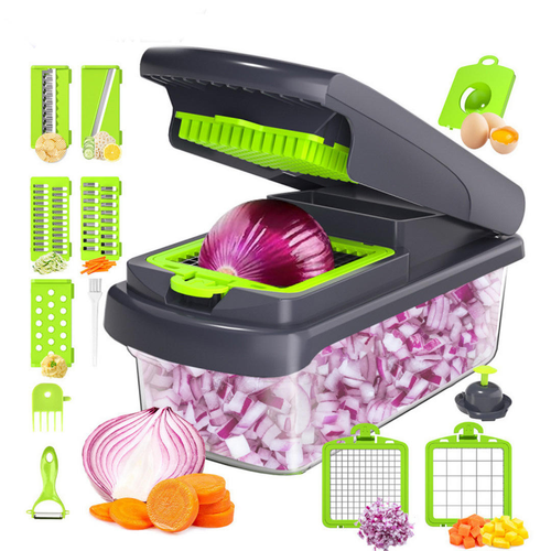 18in1 Vegetable Chopper Dicer with Container Cheese Grater Slicer Stainless Steel Manual Hand Cooking Gadget for Kitchen