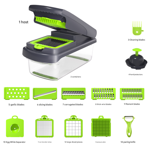 18in1 Vegetable Chopper Dicer with Container Cheese Grater Slicer Stainless Steel Manual Hand Cooking Gadget for Kitchen