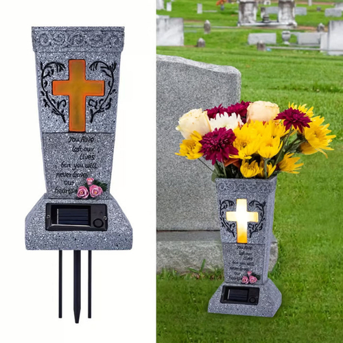 Solar Cemetery Grave Vase with Light up Cross Lament Resin Cemetery Vases with Spikes Carved Solar Cemetery Grave Vase