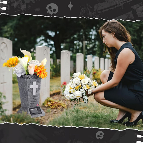 Solar Cemetery Grave Vase with Light up Cross Lament Resin Cemetery Vases with Spikes Carved Solar Cemetery Grave Vase