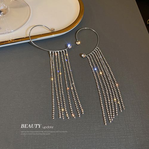 Luxury Shining Zircon Rhinestone Long Tassel Ear Clip Ear Cuff Exquisite Vintage Clip Earrings Party Jewelry