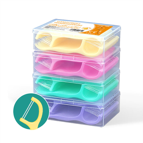 Double-strand dental floss, with colorful mint and fruit flavor, for teeth care.