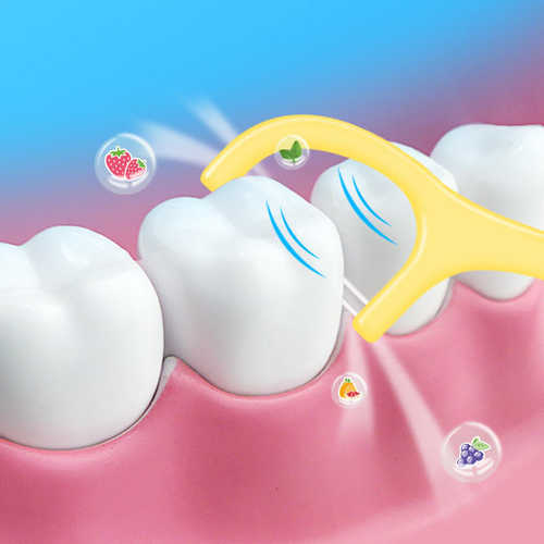 Double-strand dental floss, with colorful mint and fruit flavor, for teeth care.