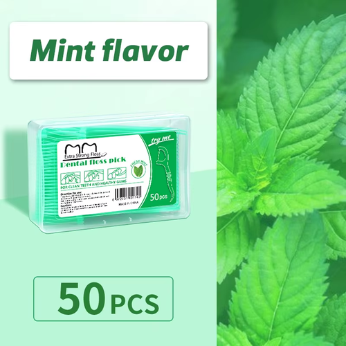 Double-strand dental floss, with colorful mint and fruit flavor, for teeth care.