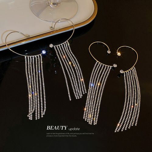 Luxury Shining Zircon Rhinestone Long Tassel Ear Clip Ear Cuff Exquisite Vintage Clip Earrings Party Jewelry