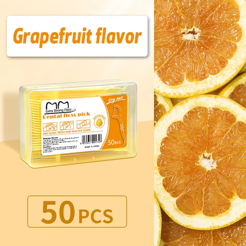 Double-strand dental floss, with colorful mint and fruit flavor, for teeth care.