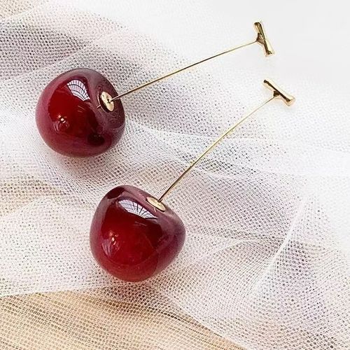 Cute Red Cherry Dangle Earrings - Gold Tone Brass Alloy Long Drop Earrings for Women Vintage Elegant Fashion Jewelry