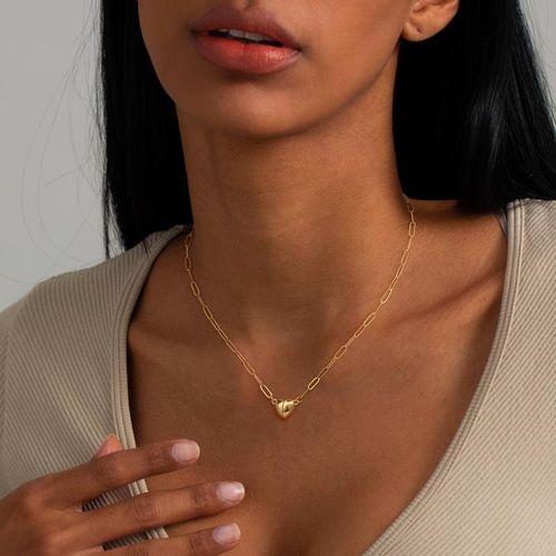 Gold Paperclip Chain Heart Pendant Necklace Minimalist Dainty Layering Choker for Women