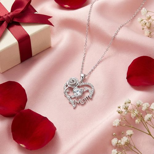 Silver Mom Necklace Heart and Rose Design with Zircon Stones Ideal Mothers Day Gift